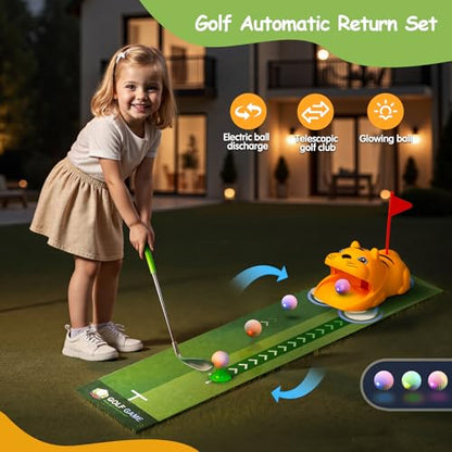 TOMMYHOME Putting Green Indoor with Toddlers Golf Clubs，Party Game with Automatic Golf Bounce Back Machine,Outdoor Training mats,Light up Balls,Gifts for 3 Year Old boy&Girl