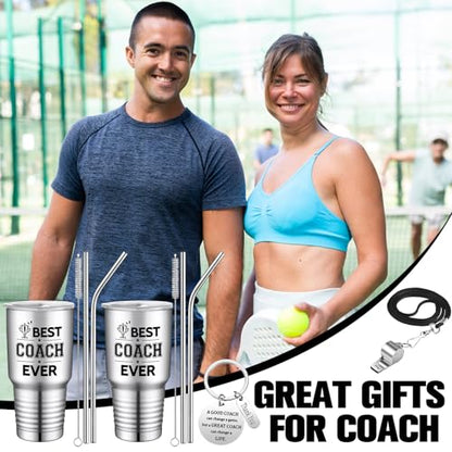 Didaey 2 Set Coach Gifts for Men Women Best Coach Ever Tumbler Cup Graduation Appreciation Gift Stainless Steel Tumbler Thank You Keychain Whistle for Baseball Softball Soccer Volleyball(Silver,30 oz)