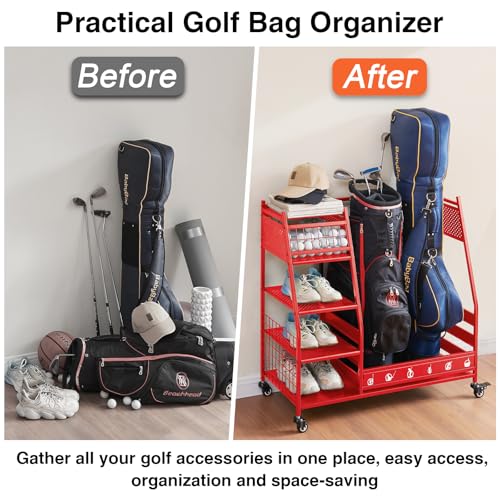 Lauren&Harold Golf Bag Organizer Garage Storage, Golf Storage Rack Stand Fits 2 Golf Bags, Golf Clubs and Other Golfing Equipment Accessories, Golf Organizer for Garage, Club, Shed, Basement