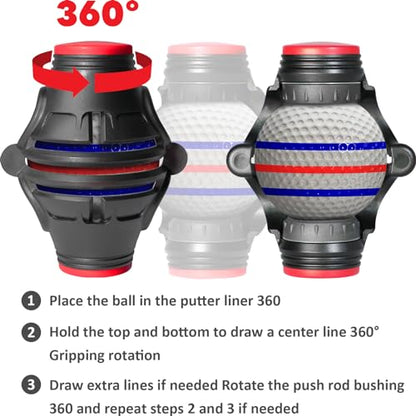 1 Pack 360° Triple Line Golf Ball Marker，Golf Ball Line Marker Tool，Golf Ball Marker Stencil，Alignment Ball Marker，Golf Accessories - color: 1 Pack 360° Triple Line Golf Ball Marker（Black&Red）