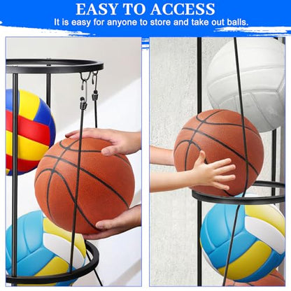 3 Layer Vertical Ball Storage Rack, Basketball Holder Wall Mount, Cage for Football, Volleyball, Sports Organizer for Kids Room, Garage, Home