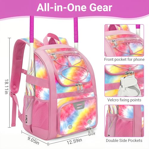 Youth Baseball Bag - Softball Bag for Girls & Boys with Shoes Compartment, Bat Backpack for Baseball, T-Ball & Softball Equipment - color: Tie-dye-Pink