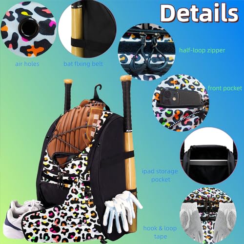 Youth Softball Equipment Bag with Vented Shoe Compartment, Baseball Bat Bag, Fence Hook, for Batting Mitten, Helmet, Teeball Gear, Adult Boys Girls Kids - color: Color Leopard