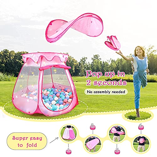 Princess Tent Girls Kids Playhouse Pop Up Play Tent with Star Light Tent for Kids Ball Pit Toys for 1,2,3 Years Girl Birthday Gift for Indoor Outdoor Toddler Girl Gift, Easy to Pop Up and Assemble - style: Tent with star lights