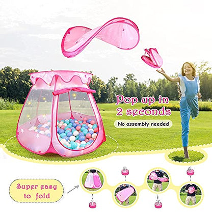Princess Tent Girls Kids Playhouse Pop Up Play Tent with Star Light Tent for Kids Ball Pit Toys for 1,2,3 Years Girl Birthday Gift for Indoor Outdoor Toddler Girl Gift, Easy to Pop Up and Assemble - style: Tent with star lights