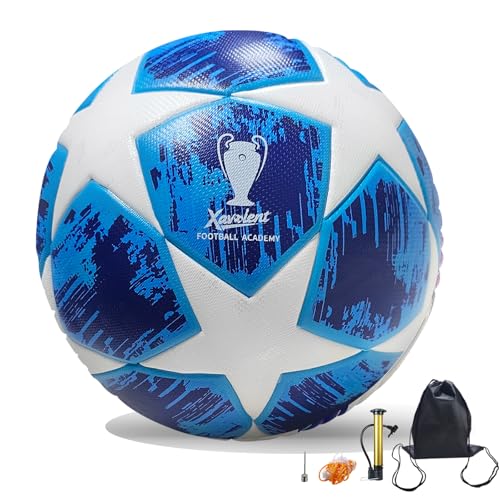 Professional Soccer Ball Size 5, Thermal Bonded Waterproof PU Match-Quality Training Ball with Pump - color: BrightBlue
