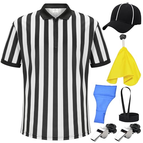 Flag Football Referee Kit for Men - 7-Piece Complete Outfit with Striped Shirt, Cap, Whistles & Penalty Flag