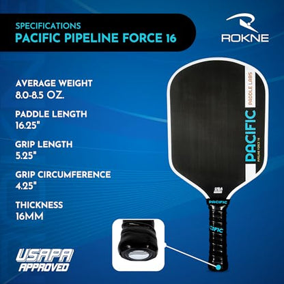Carbon Fiber Pickleball Paddles | USAPA Approved Pickleball Paddles | Pro Grit Texture, Max Spin & Comfort | Pickle Ball Paddles Include Paddle Cover | 13MM & 16MM - color: PIPELINE FORCE 16.25" x 7.75" x 16mm