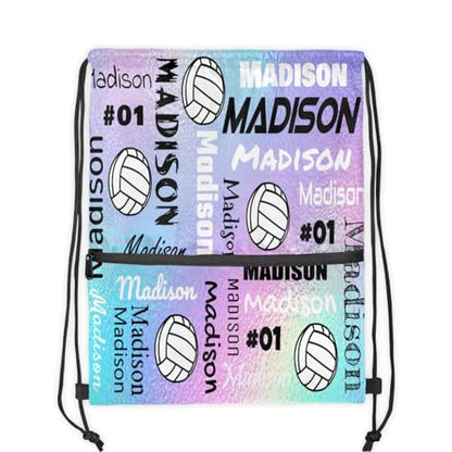 Custom Volleyball Style Drawstring Bag, Personalized Sports Ball Backpack Drawstring Sack Cinch Bags for Team Gift Party Favors, Rainbow Glitter Theme - color: Colourful