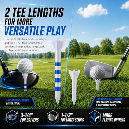 170 Pack Golf Tees 50 Iron Tees with 120 Driver Tees, Pro 4 Line Marking System Plastic Golf Tees, 4-Prong Engineered to Reduce Friction & Longer Distance