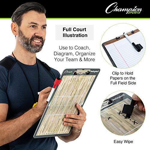 Champion Sports Large & XL Dry Erase Board For Coaching - Whiteboards for Strategizing, Techniques, Plays - 2-Sided Boards with Front Side Full Field - Backside Half Field and Lineup - color: Volleyball, style: Standard Coaches Board