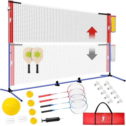 Pickleball Badminton Net Set for Backyards, All-in-One Portable Volleyball Combo Set with Adjustable Net, Volleyball Pickleball Paddles & Badminton Rackets for Indoor Outdoor - color: red blue, size: 10FT