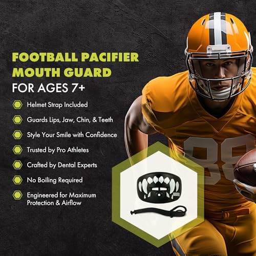 DAMAGE CONTROL Pacifier Mouthpiece – Football Mouthguard with Helmet Strap, Protects Teeth, Jaw & Mouth – Mouth Piece for Sports, No Boiling, Allows Airflow – Gear for Adults & Youth (Fangs) - color: Fangs