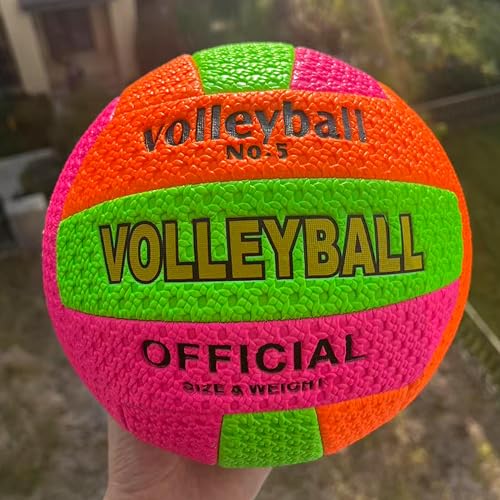Official Size Volleyball, Neon Multi-Color, Machine Stitched Synthetic Leather, No. 5, Beach and Indoor Training - color: green