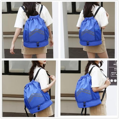 Sports Drawstring Backpack Bag - Waterproof Gym Drawstring Bags with Shoes Compartment and Water Bottle Pockets - Cinch String Backpack - Swim Drawstring Beach Bags for Women & Men, Royal Blue - color: Royal Blue