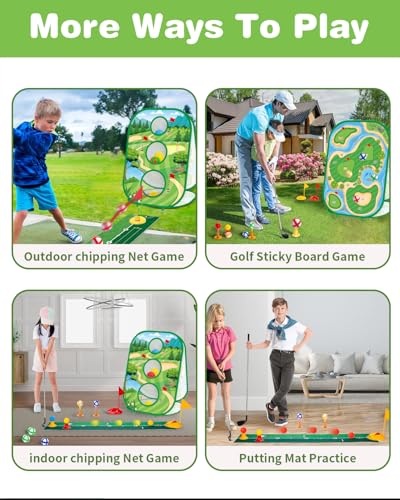 4-In-1 Kids Sticky Golf Games Set With Club, Golf Putting Practice Mat,3-Sided Golf Chipping Net, Multiple Game Modes, Golf Cornhole Board Set, Indoor & Outdoor Golf Practice For Kids & Adults