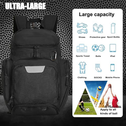 LARIPOP Basketball Backpack with Ball & Ventilated Shoe Compartment Insulated Pockets for Men Youth Training - color: black