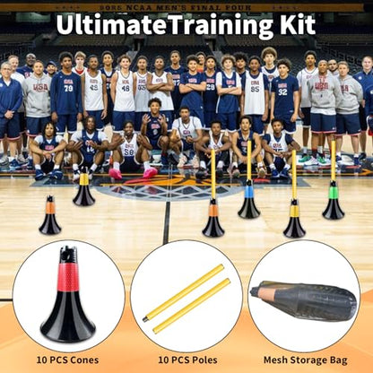 Obstacle Cones for Basketball Football and Sports Training, 10pcs Cones and 10pcs Poles with Carry Bag, Basketball Cones and Soccer Agility Poles for Soccer Basketball Speed Training