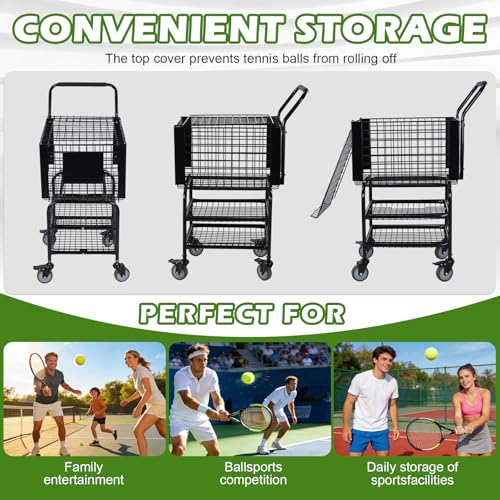 Tennis Ball Basket Pickup Hopper Holds 350 Balls 2 Layers Tennis Ball Hopper Basket Cart with Wheel Ideal for Court Training