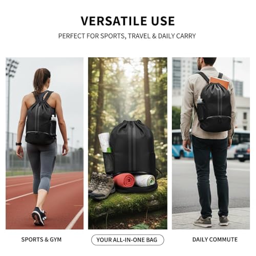 Drawstring Backpack Gym Bag with Shoes Compartment for Soccer, Basketball, Swim, Water-Resistant String Backpack Beach Cinch for Women Men