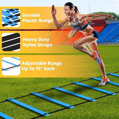 Yes4All Agility Ladder Speed Training Equipment Set - 1 Adjustable Agility Ladder, 12 Soccer Cones, 5 Hurdles, Jump Rope, Running Parachute - Speed & Agility Training Equipment for All Ages - color: C. Set Blue with Jump Rope
