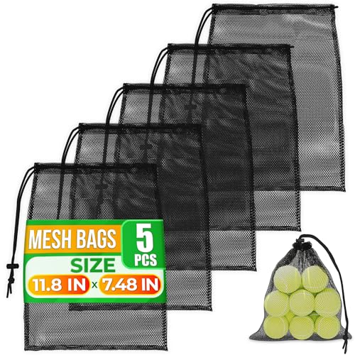 Jambala Mesh Drawstring Bags, 5 Pcs, 11 x 7 Inch - Nylon Net Bags for Swim Gear, Golf Balls, Tennis Balls, Gym Items, and Beach Essentials