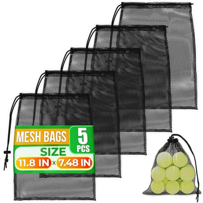 Jambala Mesh Drawstring Bags, 5 Pcs, 11 x 7 Inch - Nylon Net Bags for Swim Gear, Golf Balls, Tennis Balls, Gym Items, and Beach Essentials