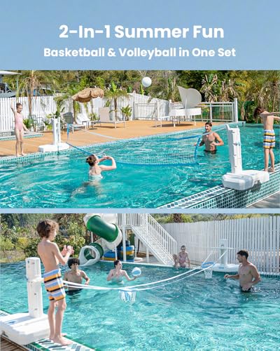 IGL Pool Volleyball Net & Pool Basketball Hoop 2 in 1, Height Adjustable Volleyball Net for Pool, Poolside Basketball Hoop with Fillable Base & Stand, Includes 4 Balls & Pump - size: 2 In 1 Set