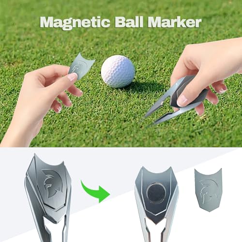 Golf Divot Repair Tool with Belt Clip & Magnetic Ball Marker | Spartan Helmet Design | Solid Metal Non-Foldable Golf Gift for Men | Silver, Black