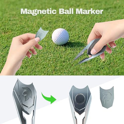 Golf Divot Repair Tool with Belt Clip & Magnetic Ball Marker | Spartan Helmet Design | Solid Metal Non-Foldable Golf Gift for Men | Silver, Black