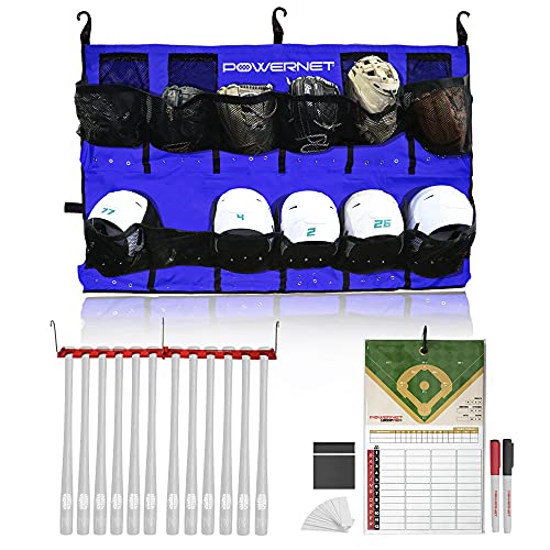 PowerNet On Deck Team Bundle, Team Colors Dugout Organizer for Baseball & Softball, Team Equipment Organizer, Hanging Baseball Glove & Helmet Holder, Fence Bat Rack, Dry Erase Magnetic Lineup Board - color: Blue