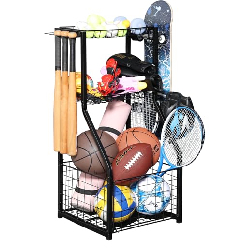 UU-Major Sports Equipment Organizer for Garage - Sports Ball Storage Cart with Baseball Bats and Hooks, Indoor & Outdoor Use, Garage Organizer for Toys, Basketball, Football, Rugby