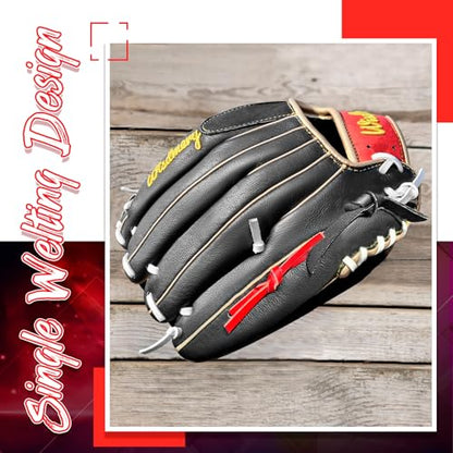Full Grain Leather Baseball Softball Glove Adult Youth Infield Outfield - color: Red Black, size: 12.75 Inch