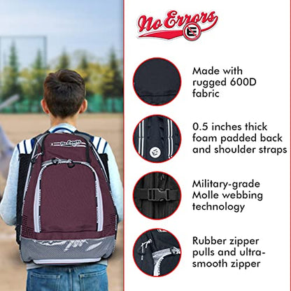 No Errors Sports RBP Rookie Baseball and Softball Backpack - Youth Baseball and Softball Bat Bag with Fence Hooks - Baseball and Softball Equipment Bag for Kids - color: Maroon