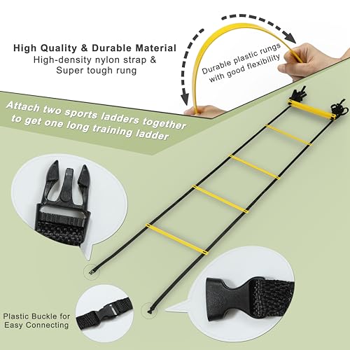 20ft Adjustable Agility Speed Ladder Training Ladder with Carry Bag - Soccer, Speed, Football Fitness Feet Training - Agility Training Equipment for Footwork Drills - color: Yellow