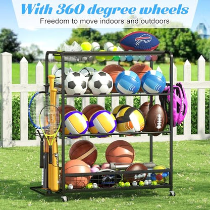 Basketball Hoop,Wheeled Sports Ball Storage Rack,Double-Row Basketball Hoop Holds 16+ Balls,Ball Storage Rack with Baseball Bat Holder and Hooks,Stores Basketballs,Soccer Balls,Footballs,etc.-Black