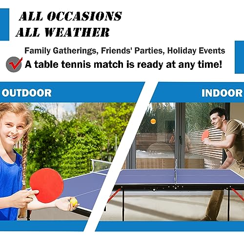 Table Tennis Table Mid-Size, Foldable Ping Pong Table Top Full Size with 2 Paddles, 2 Balls, 1 Net & 4 Wheels, Folding Table Tennis for Indoor & Outdoor, Quick Assembly to Support Multiplayer