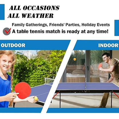 Table Tennis Table Mid-Size, Foldable Ping Pong Table Top Full Size with 2 Paddles, 2 Balls, 1 Net & 4 Wheels, Folding Table Tennis for Indoor & Outdoor, Quick Assembly to Support Multiplayer