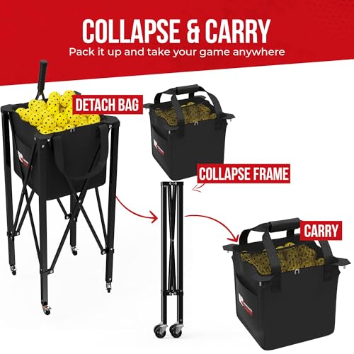 [2-in-1 Set] Tennis & Pickleball Hopper with Pickup Tube – Pickleball Caddy with Collapsible Metal Frame Ball Basket and Wheels & Carry Case – 120 Tennis Balls or 100 Pickleball Ball Holder (Pin)