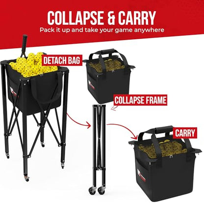 [2-in-1 Set] Tennis & Pickleball Hopper with Pickup Tube – Pickleball Caddy with Collapsible Metal Frame Ball Basket and Wheels & Carry Case – 120 Tennis Balls or 100 Pickleball Ball Holder (Pin)