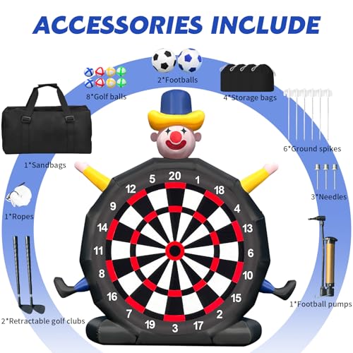 Giant 13FT Inflatable Soccer Dart Board with Built-in Blower,Clown Carnival Game for Youth & Adults - Kick Dartboard Set with 8 Golf Balls, 2 Clubs, 2 Soccer Balls - Outdoor Yard Game for Family