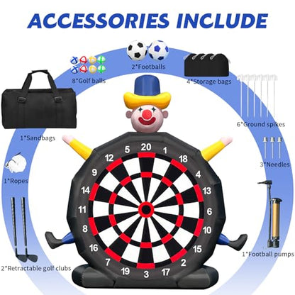 Giant 13FT Inflatable Soccer Dart Board with Built-in Blower,Clown Carnival Game for Youth & Adults - Kick Dartboard Set with 8 Golf Balls, 2 Clubs, 2 Soccer Balls - Outdoor Yard Game for Family