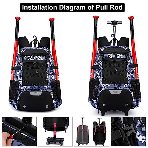 Softball Bag, Baseball Rolling Bat Bag - Wheeled for Youth Girls Adult, Lightweight Equipment Backpack With Shoe Compartment, Fence Hook for TBall, Helmet