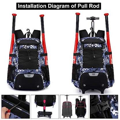Softball Bag, Baseball Rolling Bat Bag - Wheeled for Youth Girls Adult, Lightweight Equipment Backpack With Shoe Compartment, Fence Hook for TBall, Helmet