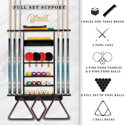 Billmart Wall Mount Pool Stick Holder, 2-in-1 Pool Stick & Ping Pong Paddle Holder, Solid Wood Cue Rack with Storage for Pool Table Accessories, Black - color: 2-IN-1-Black