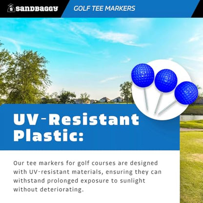 Sandbaggy Plastic Tee Markers for Golf Course (UV Resistant) - Steel Spike - Safety Caps Included - color: Blue