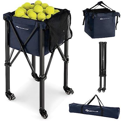 Goplus Foldable Tennis Ball Hopper, Lightweight Aluminum Tennis Ball Basket with Wheels, Removable Bag, Side Pockets, Carry Bag, Portable Sports Teaching Cart Holds 150 Tennis Balls