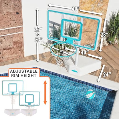 Dunn-Rite Splash & Shoot Pool Basketball Hoop, Adjustable Height Backboard – 200lbs Water-Filled Base, Stainless Steel Rim & Waterproof Basketball, Made in USA, Clear Aqua