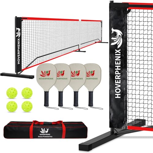 Hoverphenix Portable Pickleball Net Set, 22FT Regulation Size Pickle Ball Net with Paddle Set of 4, Pickleballs and Carry Bag, Easy Setup for Indoor Gym, Outdoor Court,Driveway, Backyard - color: Red, Black, style: Pickleball Net Set