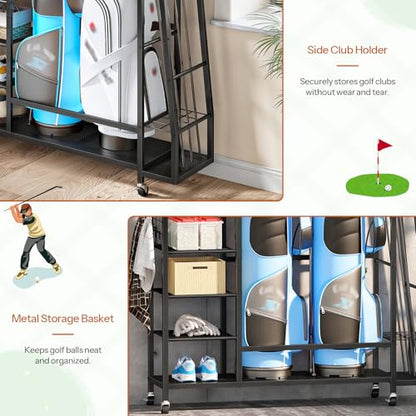HOOBRO Golf Bag Storage Garage Organizer, Golf Bag Storage Stand Fits 2 Golf Bags and Golf Equipment Rack with Wheels, Extra Storage Rack for Garage, Club, Basement, Black BK49CJ01